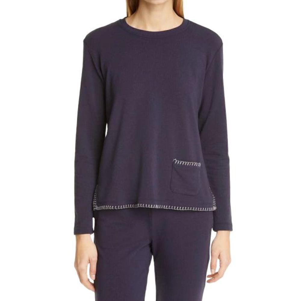 L’ Agence Christy Contrast Stitch Split Hem Midnight Blue Sweatshirt Top Size L
